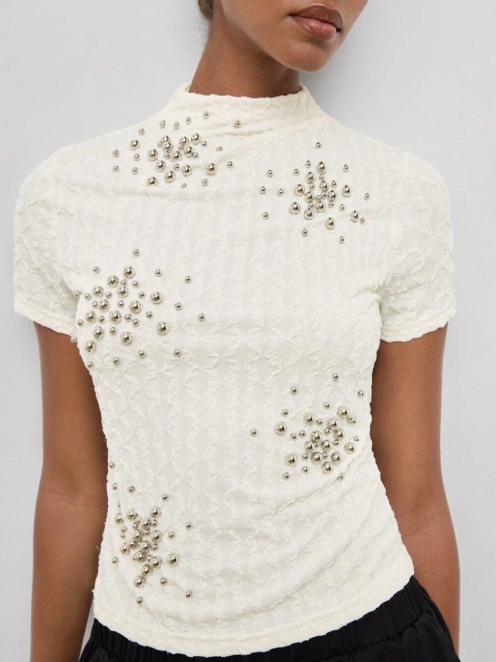 Ivory Textured Knit Top with Silver Studded Clusters